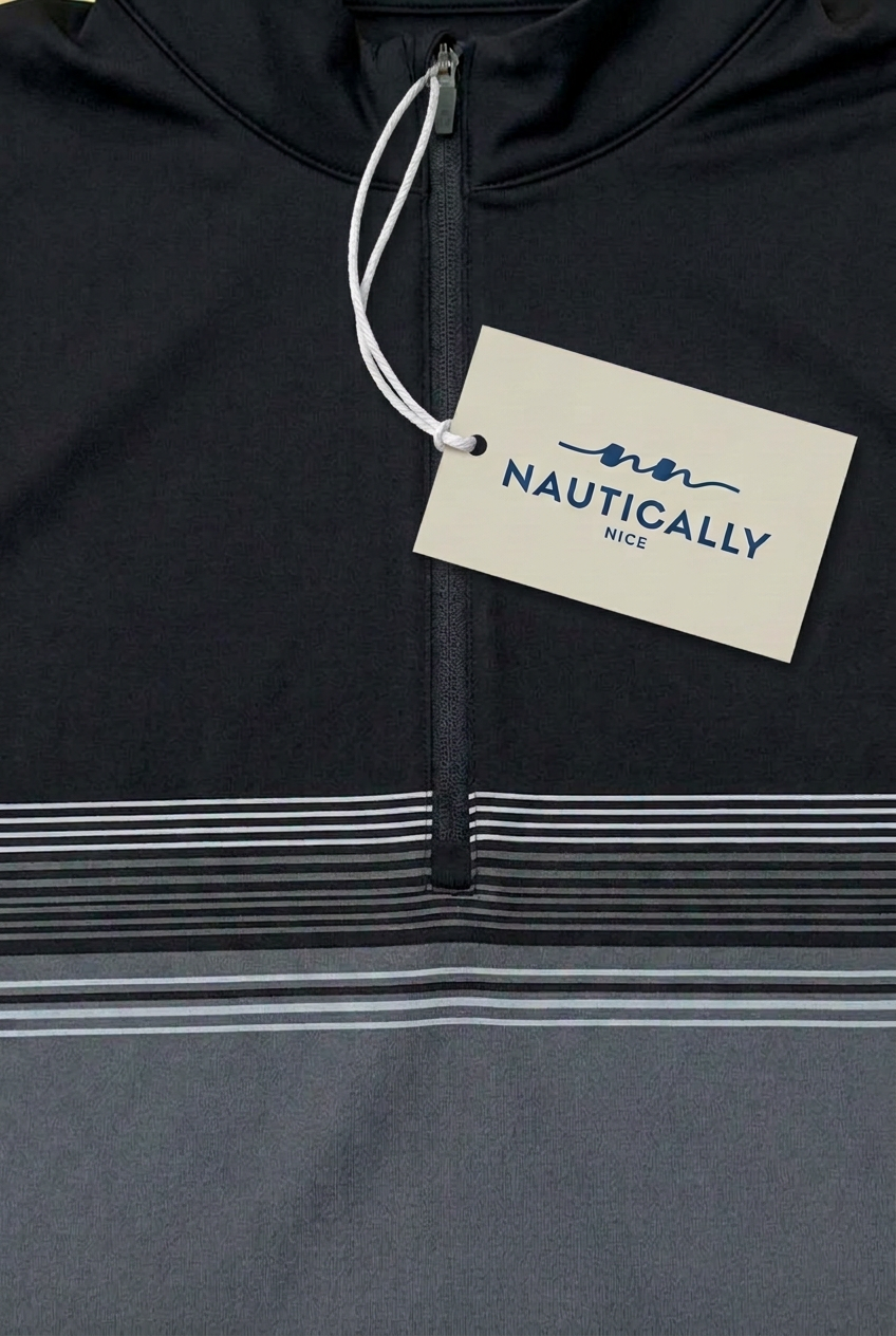 Black and grey garment with your Nautically Nice hang tag and white cord